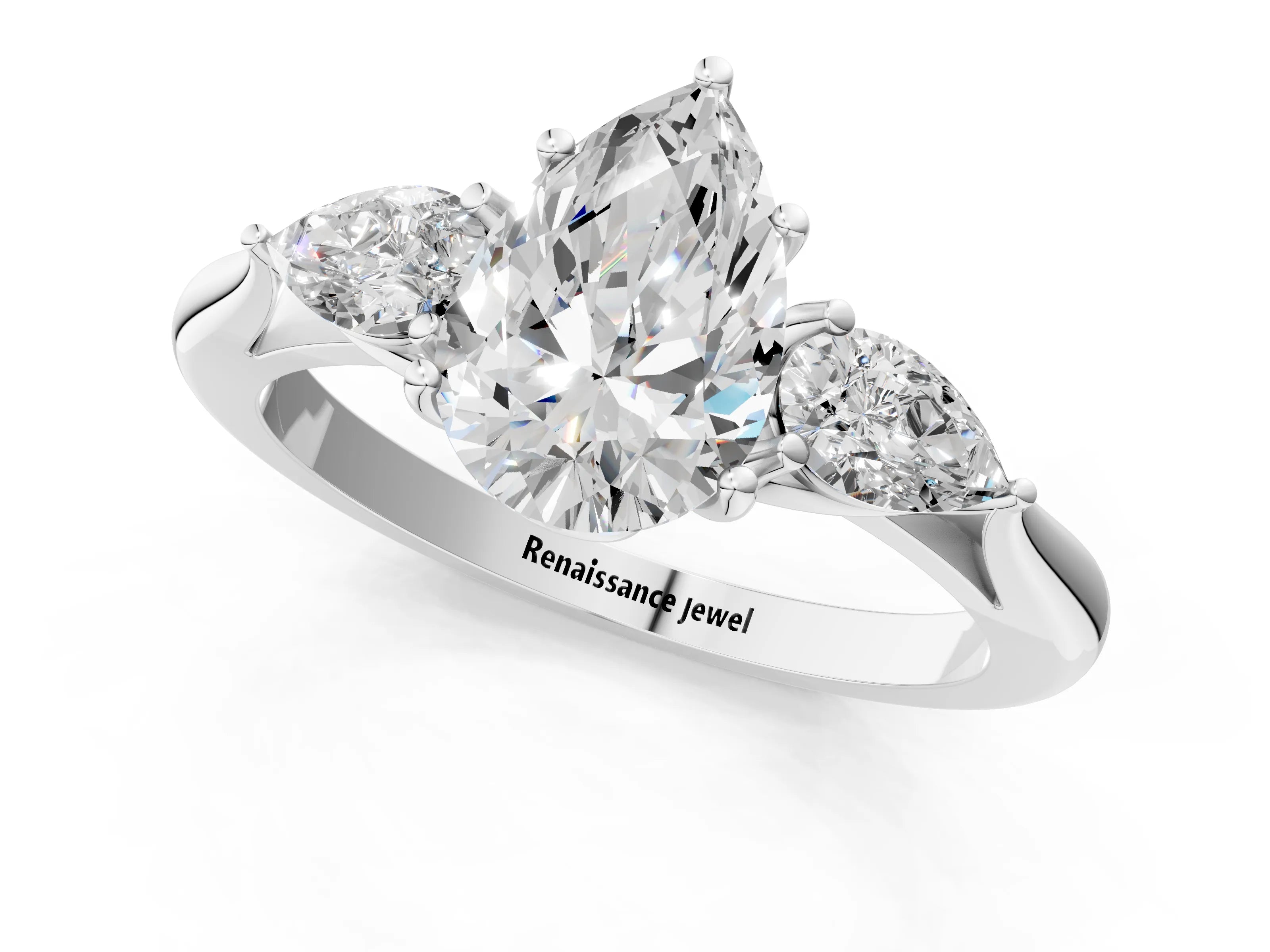 White gold Pear Cut Diamond Three-Stone Ring with Pear with Moissanite side stone Side Stones and Prong Setting_37