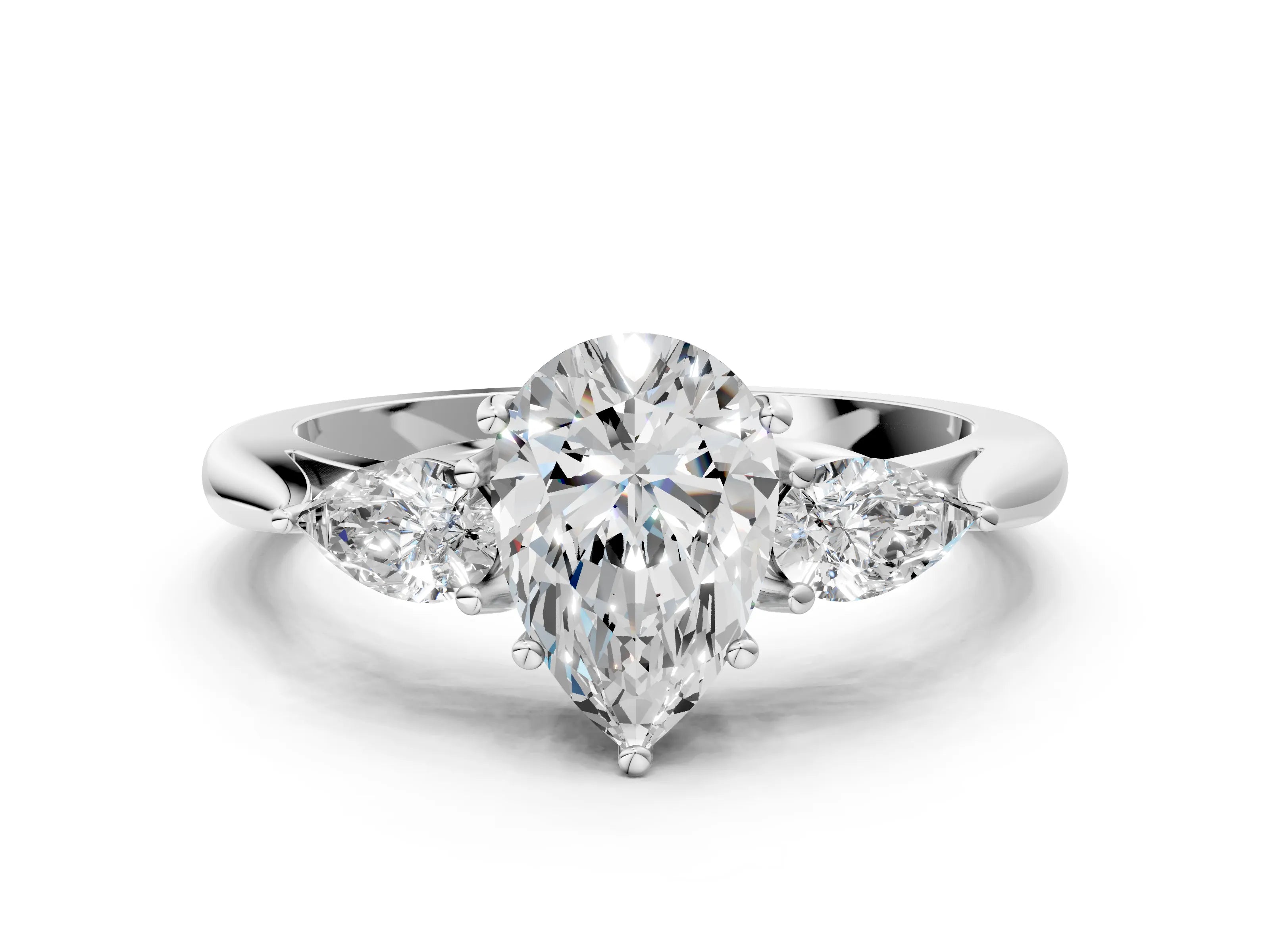 White gold Pear Cut Diamond Three-Stone Ring with Pear with Moissanite side stone Side Stones and Prong Setting_60