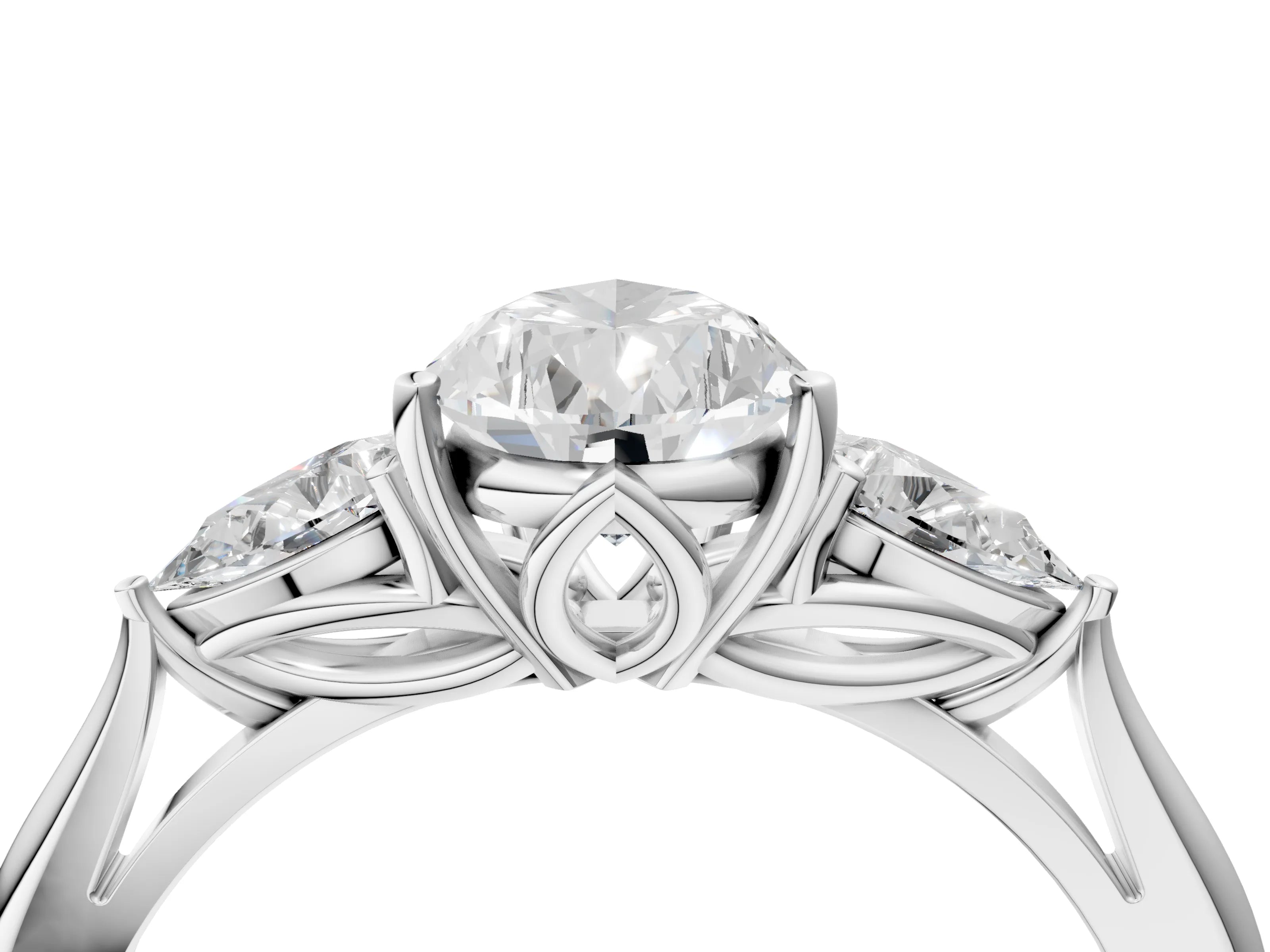 White gold Pear Cut Diamond Three-Stone Ring with Pear with Moissanite side stone Side Stones and Prong Setting_64