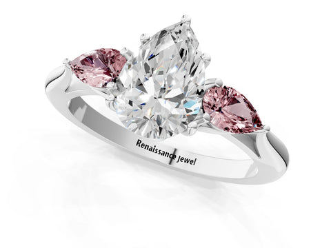 White gold Pear Cut Diamond Three-Stone Ring with Pear with Morganite side stone Side Stones and Prong Setting_25