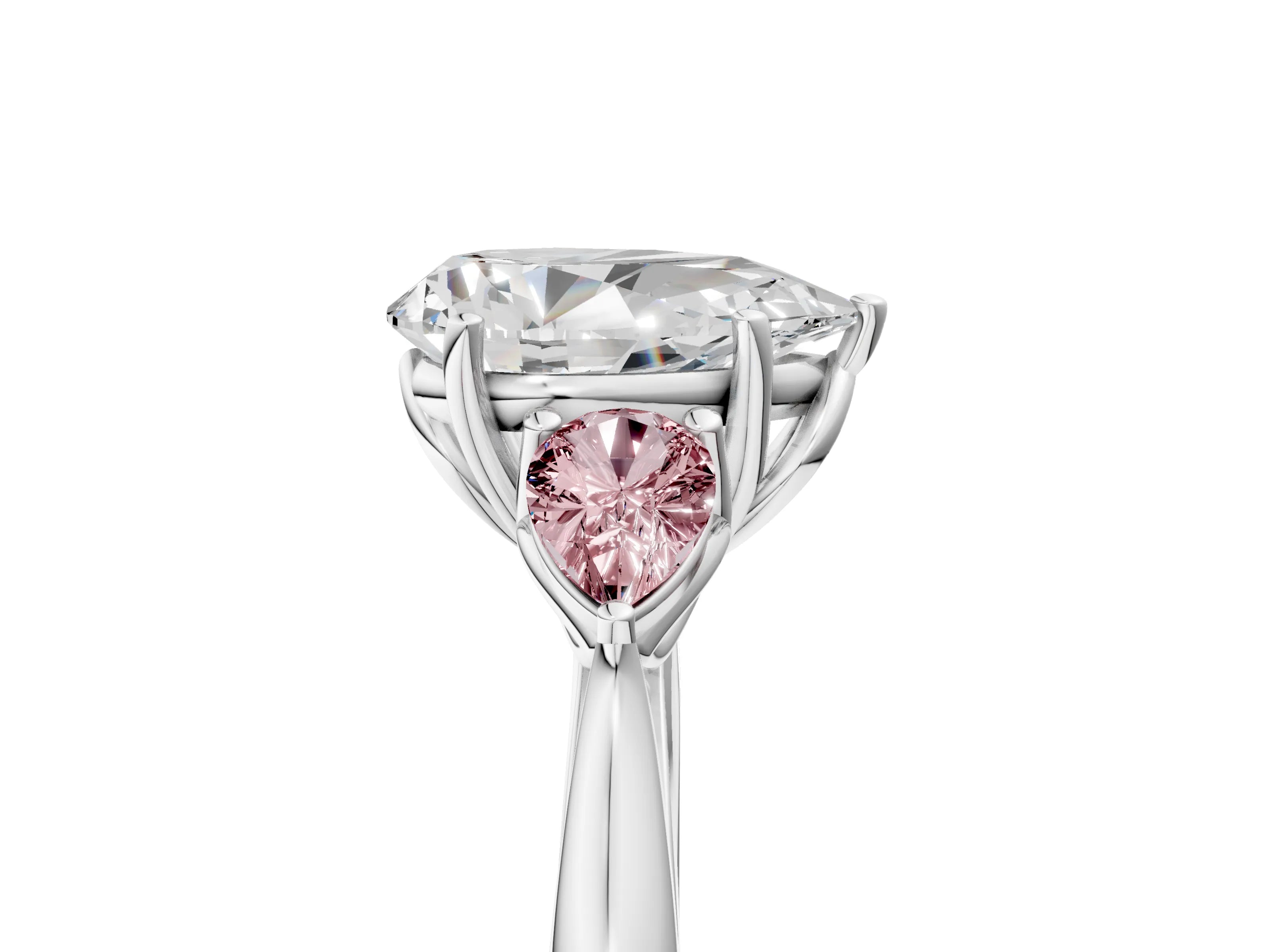 White gold Pear Cut Diamond Three-Stone Ring with Pear with Morganite side stone Side Stones and Prong Setting_29
