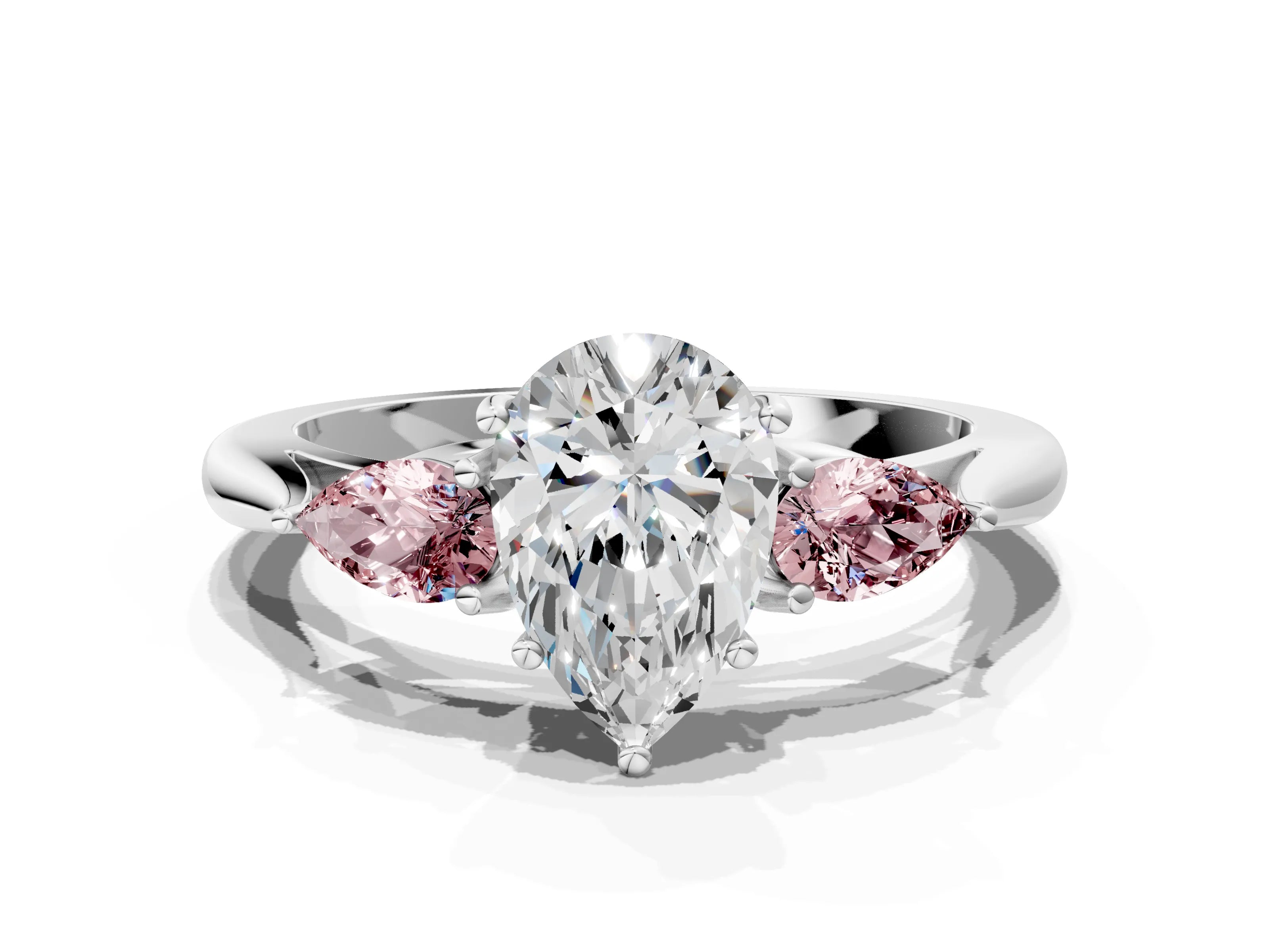 White gold Pear Cut Diamond Three-Stone Ring with Pear with Morganite side stone Side Stones and Prong Setting_72