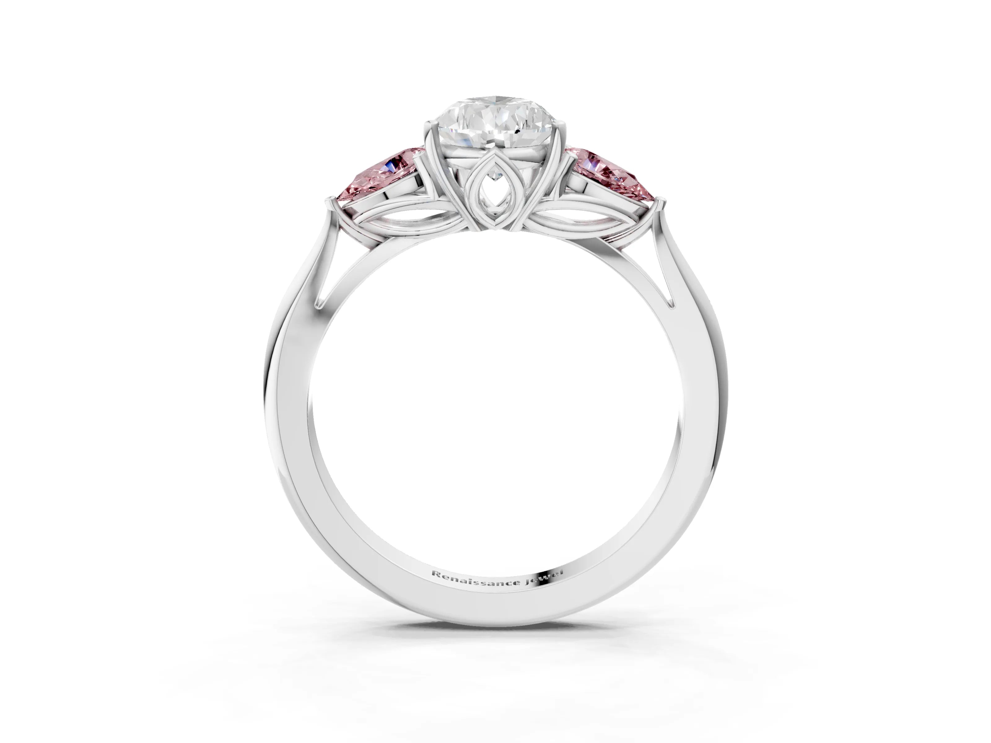 White gold Pear Cut Diamond Three-Stone Ring with Pear with Morganite side stone Side Stones and Prong Setting_75