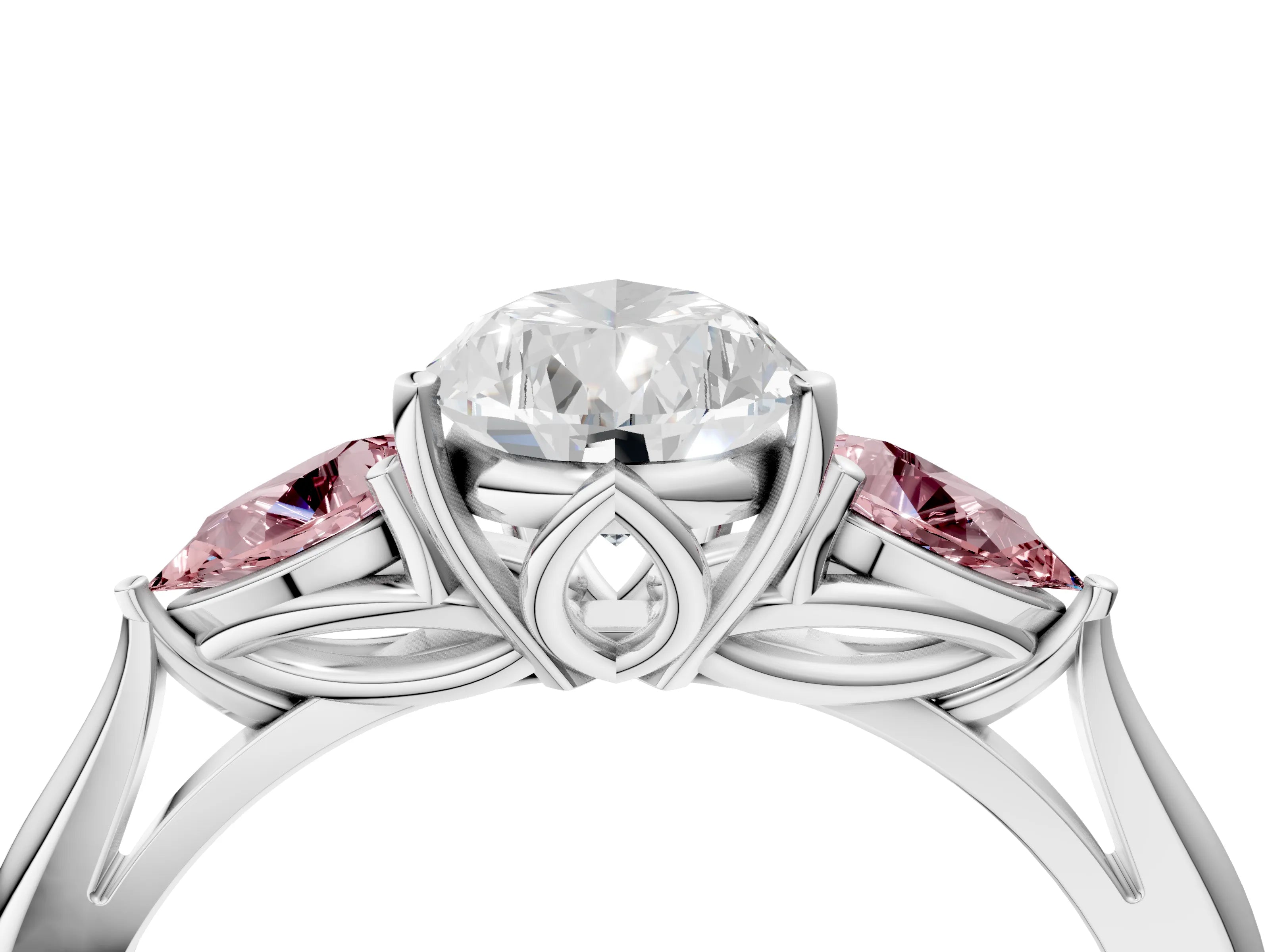 White gold Pear Cut Diamond Three-Stone Ring with Pear with Morganite side stone Side Stones and Prong Setting_76