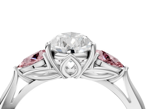 White gold Pear Cut Diamond Three-Stone Ring with Pear with Morganite side stone Side Stones and Prong Setting_76
