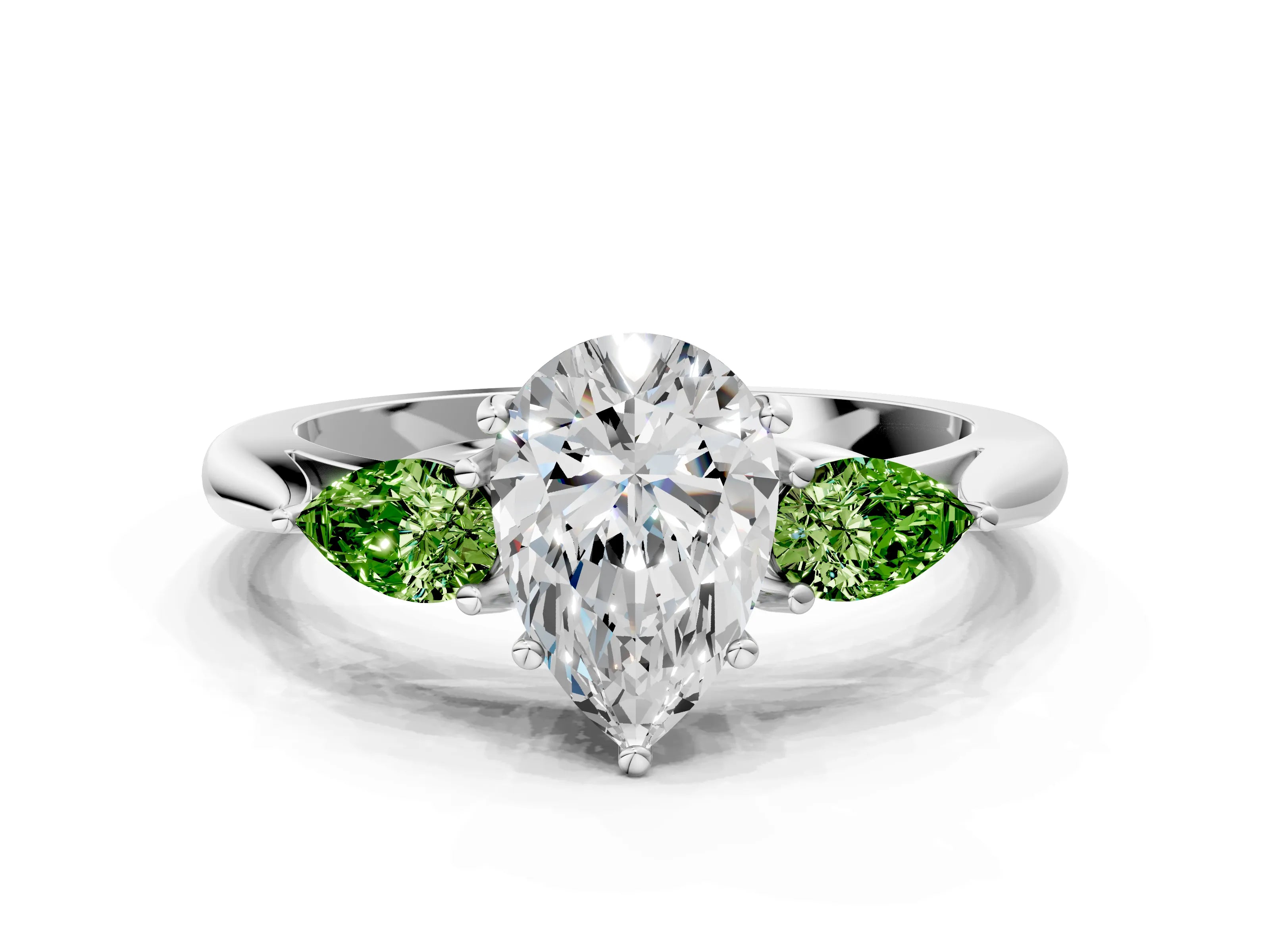 White gold Pear Cut Diamond Three-Stone Ring with Pear with Peridot side stone Side Stones and Prong Setting_12