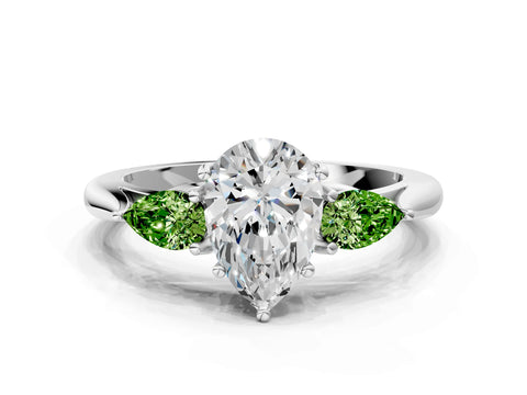 White gold Pear Cut Diamond Three-Stone Ring with Pear with Peridot side stone Side Stones and Prong Setting_12