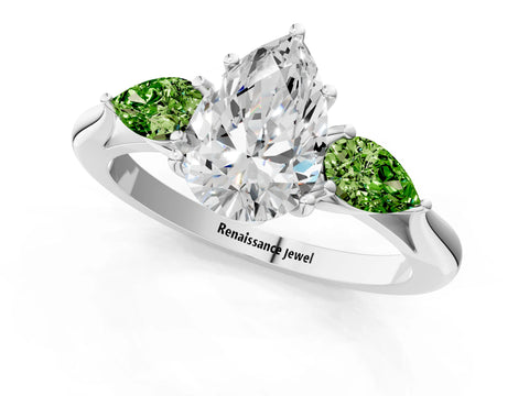 White gold Pear Cut Diamond Three-Stone Ring with Pear with Peridot side stone Side Stones and Prong Setting_13