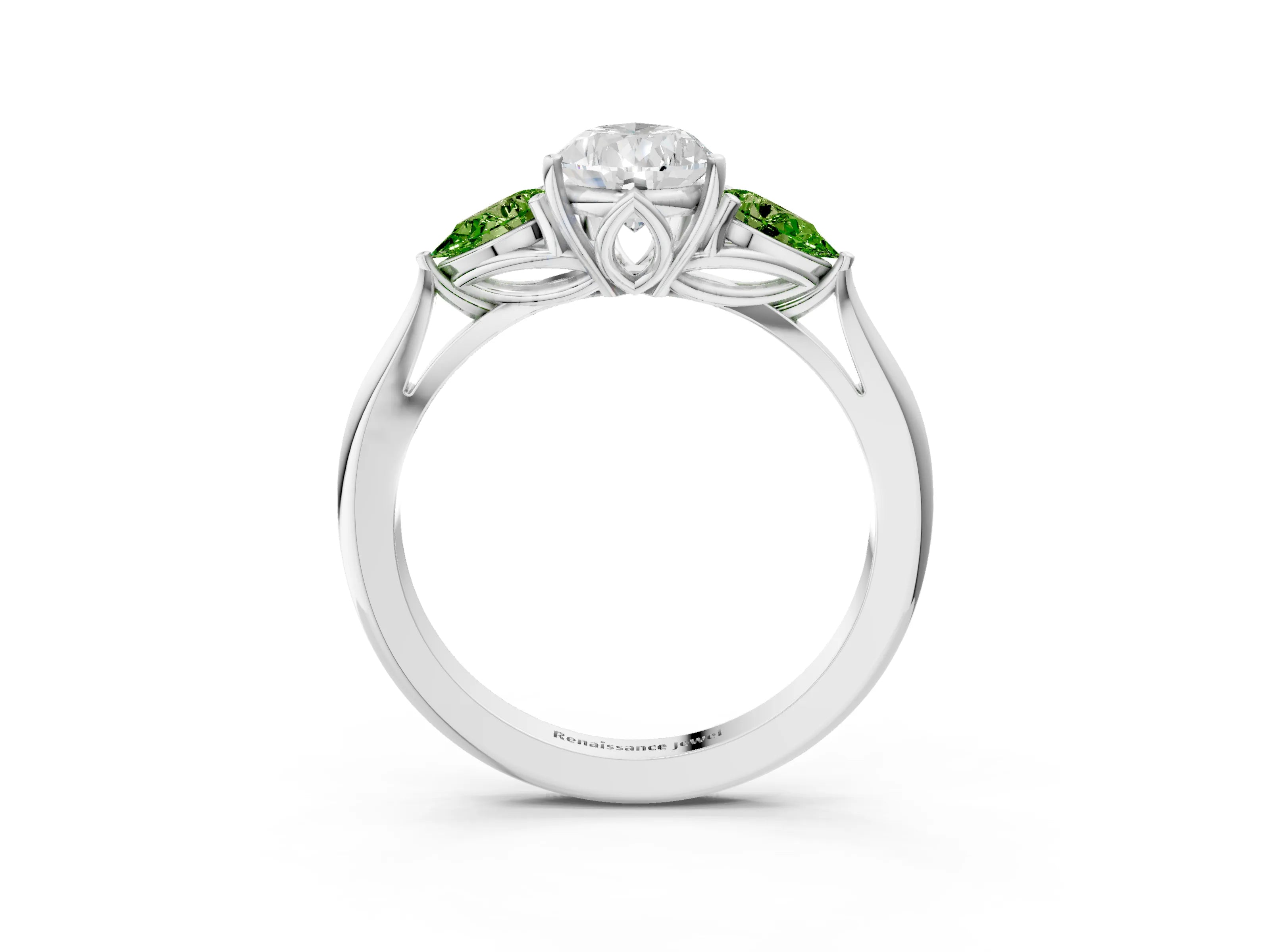 White gold Pear Cut Diamond Three-Stone Ring with Pear with Peridot side stone Side Stones and Prong Setting_15