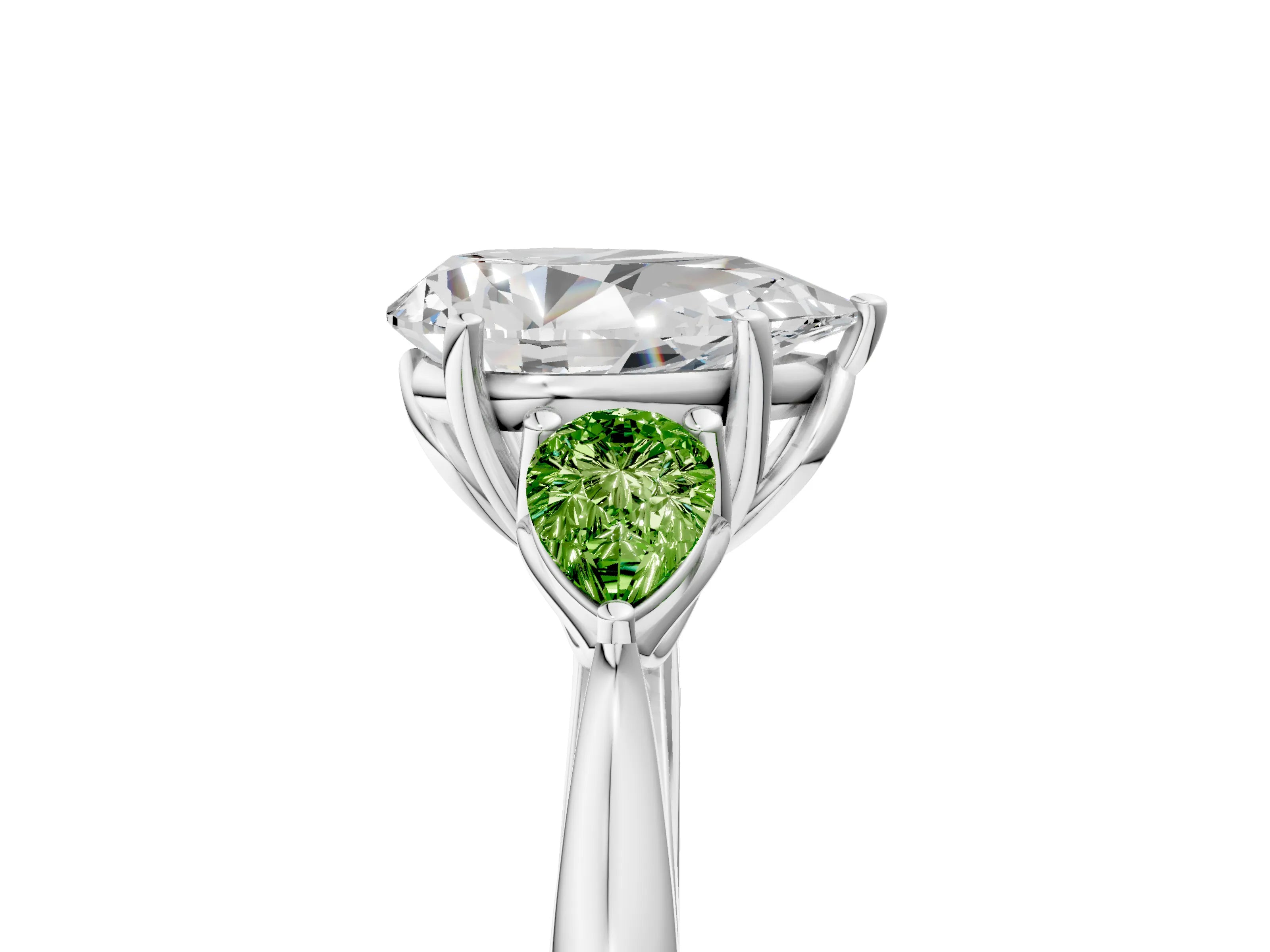 White gold Pear Cut Diamond Three-Stone Ring with Pear with Peridot side stone Side Stones and Prong Setting_41