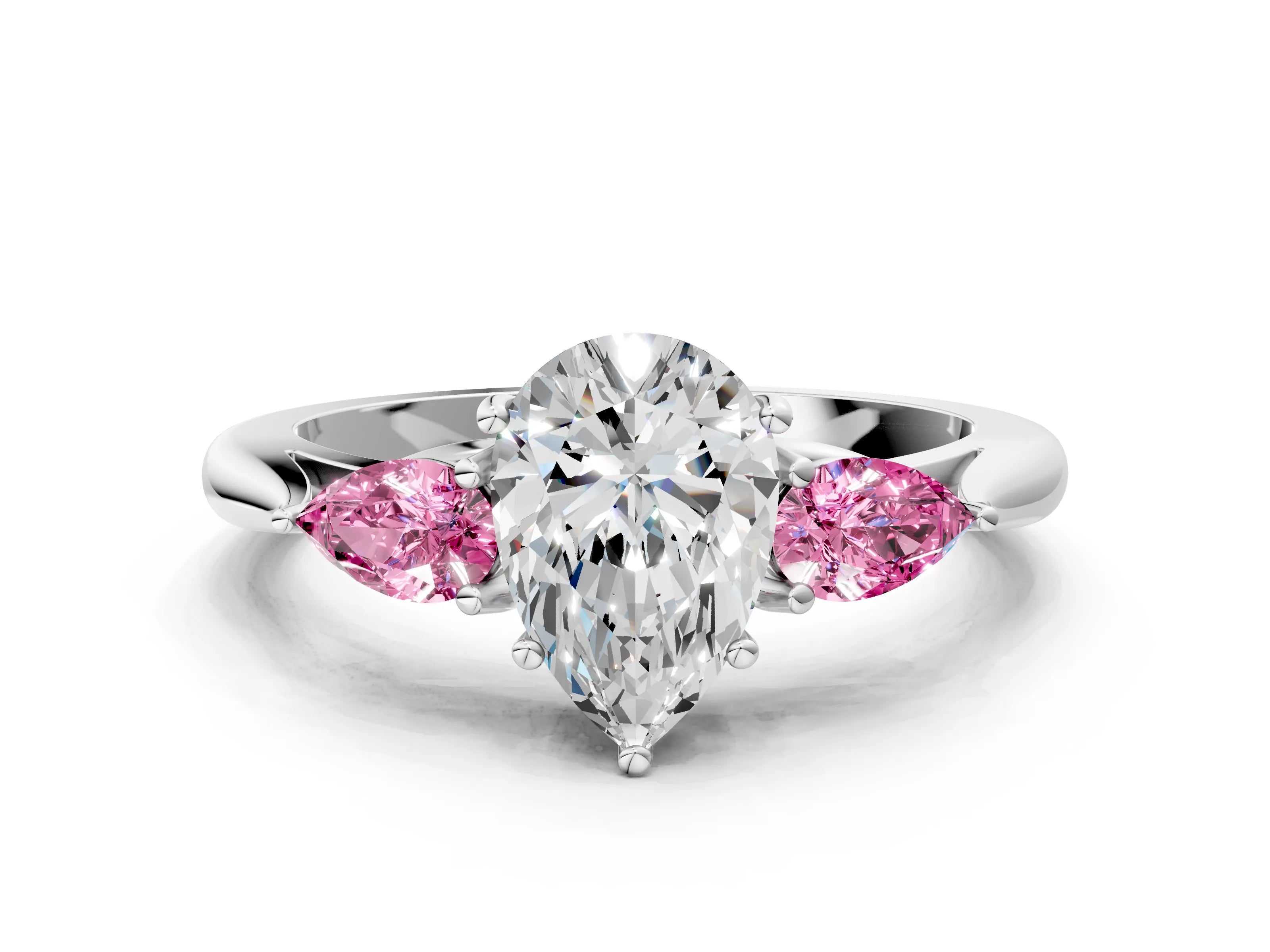 White gold Pear Cut Diamond Three-Stone Ring with Pear with Pink Sapphire side stone Side Stones and Prong Setting_48