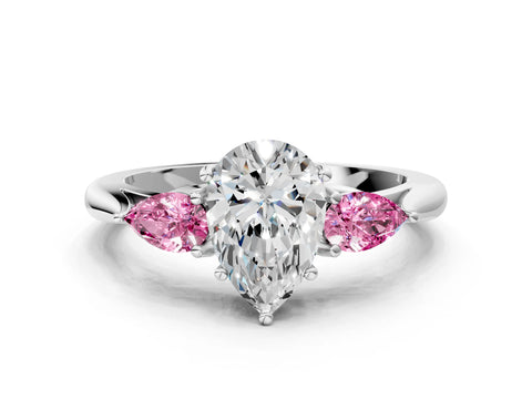 White gold Pear Cut Diamond Three-Stone Ring with Pear with Pink Sapphire side stone Side Stones and Prong Setting_48