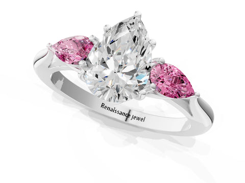 White gold Pear Cut Diamond Three-Stone Ring with Pear with Pink Sapphire side stone Side Stones and Prong Setting_49