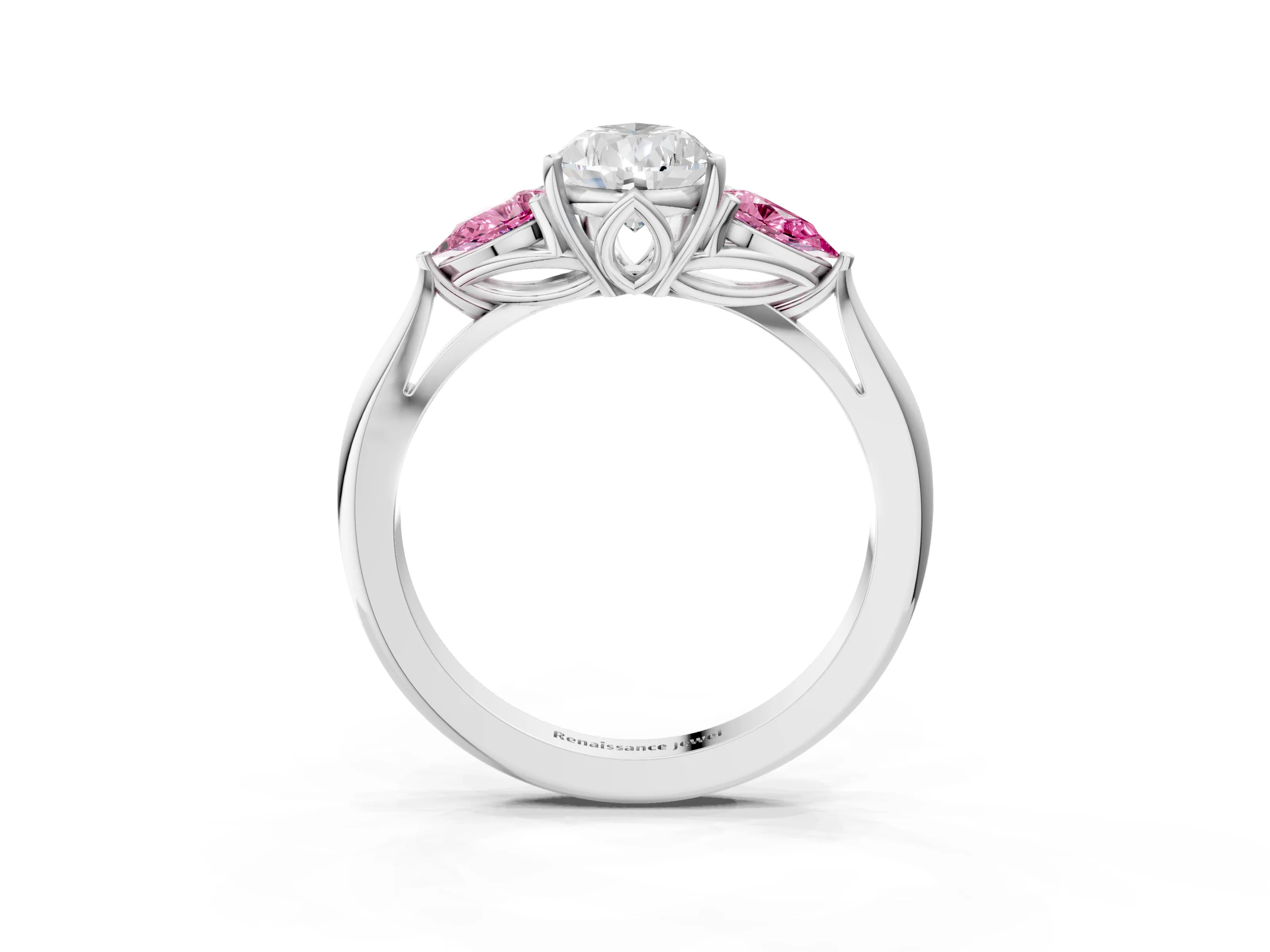 White gold Pear Cut Diamond Three-Stone Ring with Pear with Pink Sapphire side stone Side Stones and Prong Setting_51