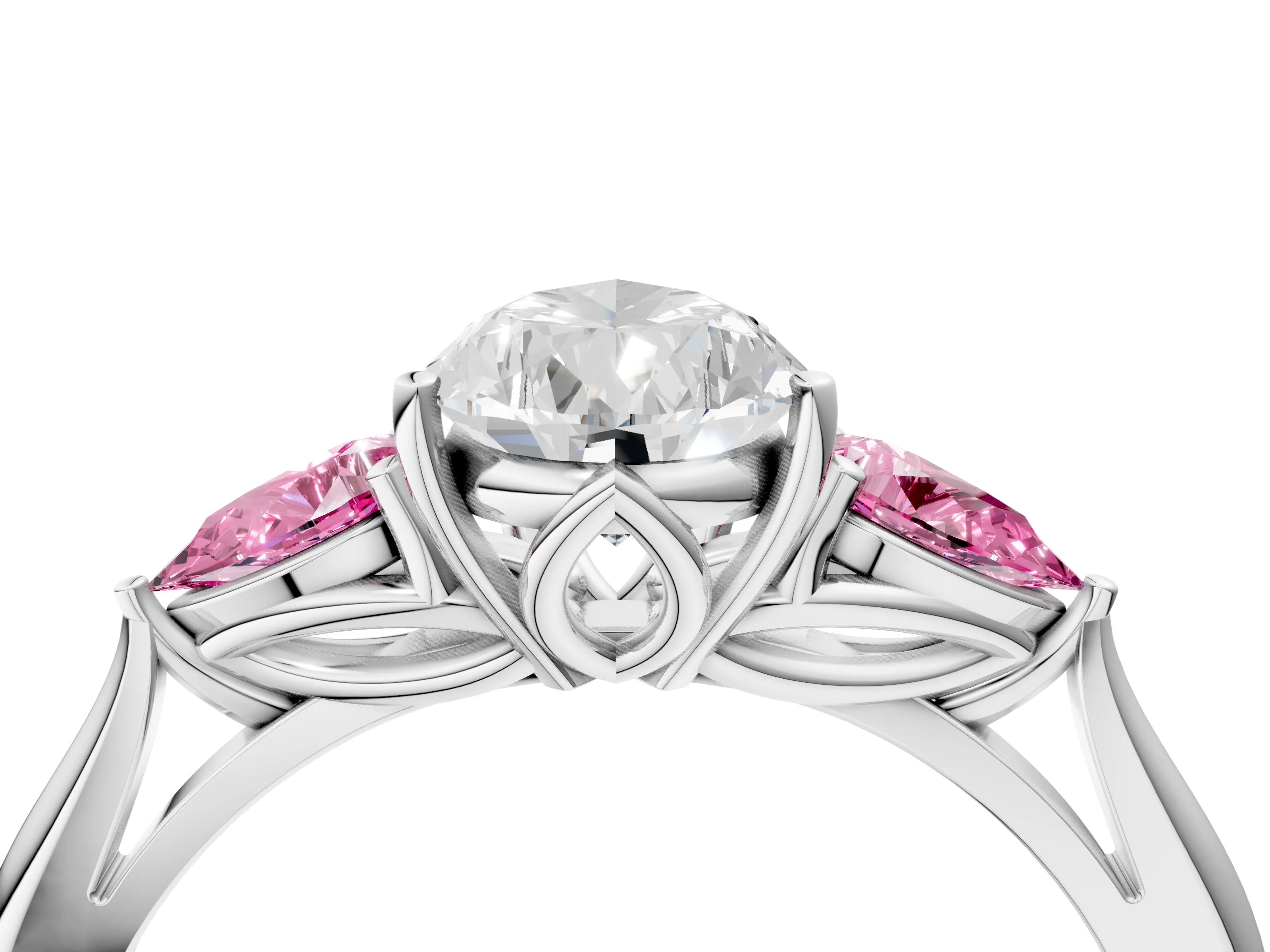 White gold Pear Cut Diamond Three-Stone Ring with Pear with Pink Sapphire side stone Side Stones and Prong Setting_52