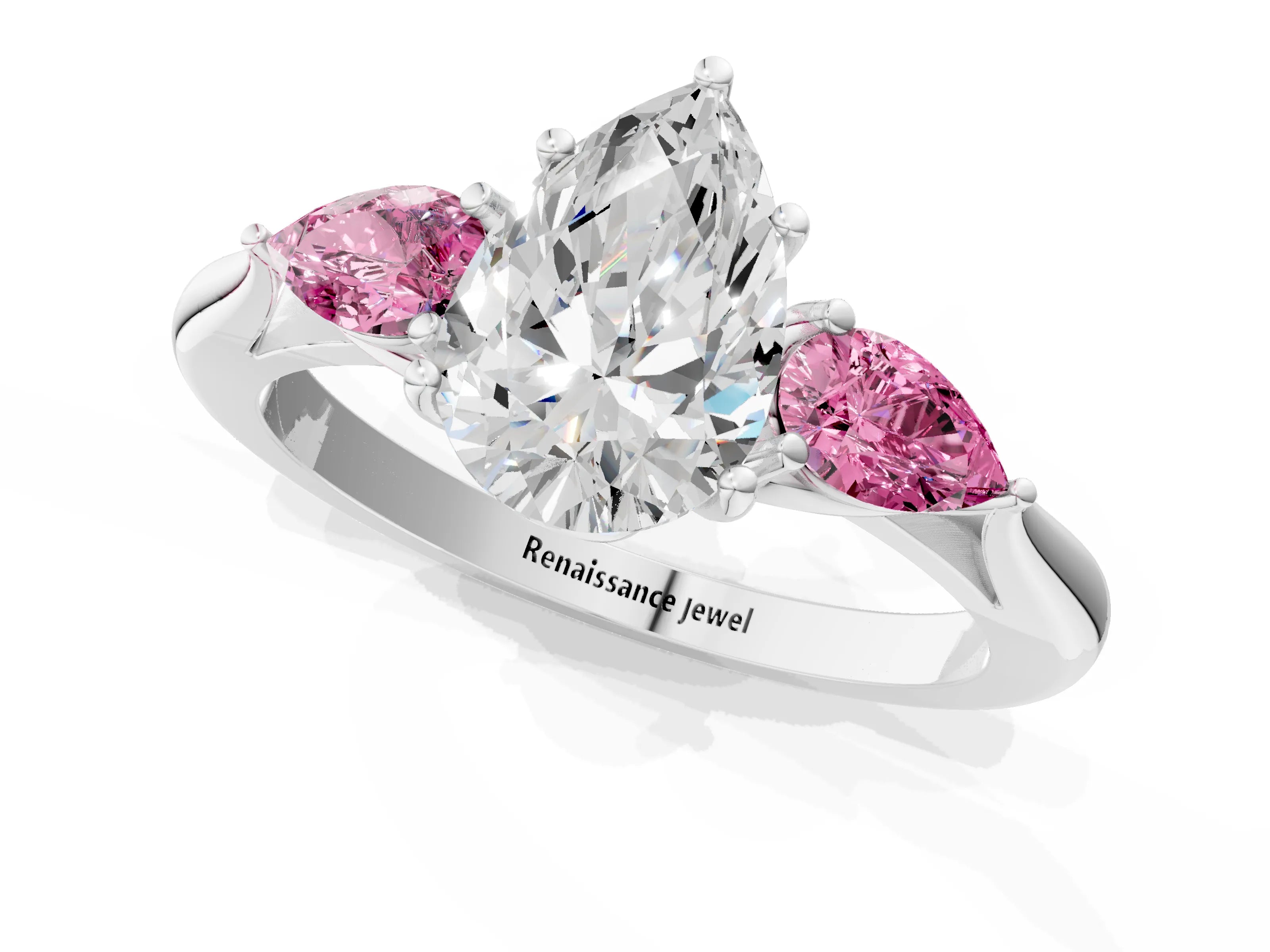 White gold Pear Cut Diamond Three-Stone Ring with Pear with Pink Sapphire side stone Side Stones and Prong Setting_73