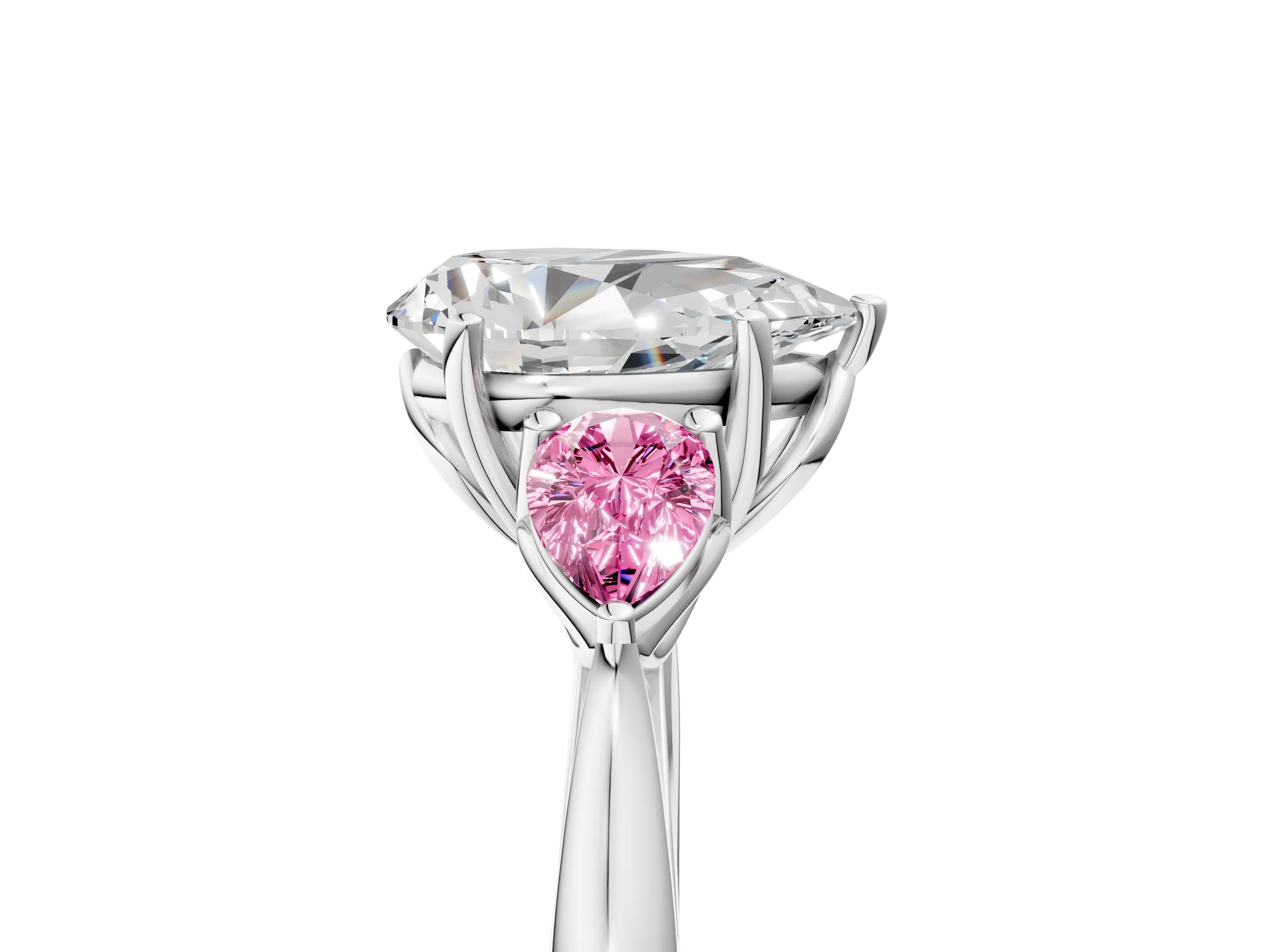 White gold Pear Cut Diamond Three-Stone Ring with Pear with Pink Sapphire side stone Side Stones and Prong Setting_77