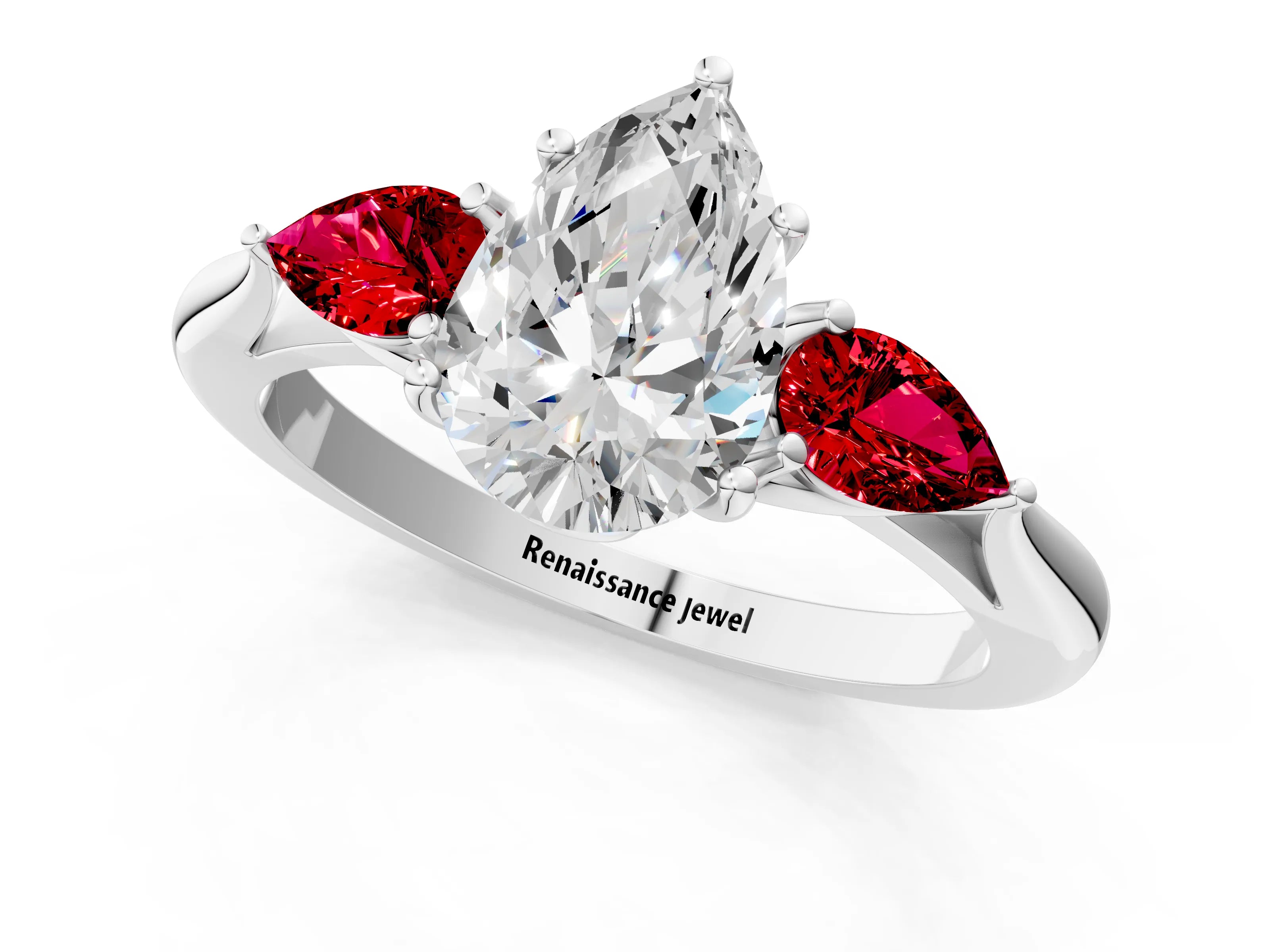 White gold Pear Cut Diamond Three-Stone Ring with Pear with Ruby side stone Side Stones and Prong Setting_25