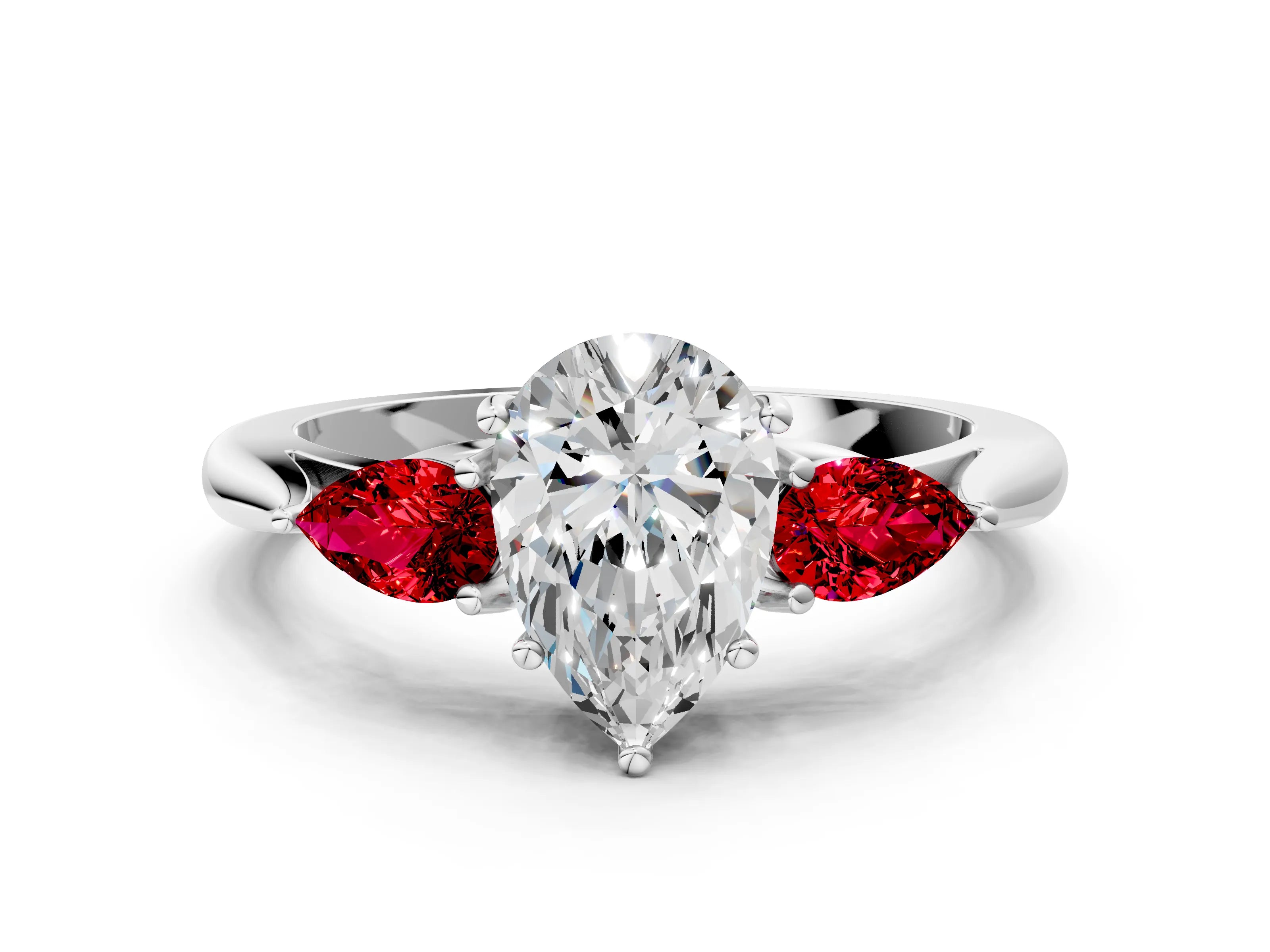 White gold Pear Cut Diamond Three-Stone Ring with Pear with Ruby side stone Side Stones and Prong Setting_48