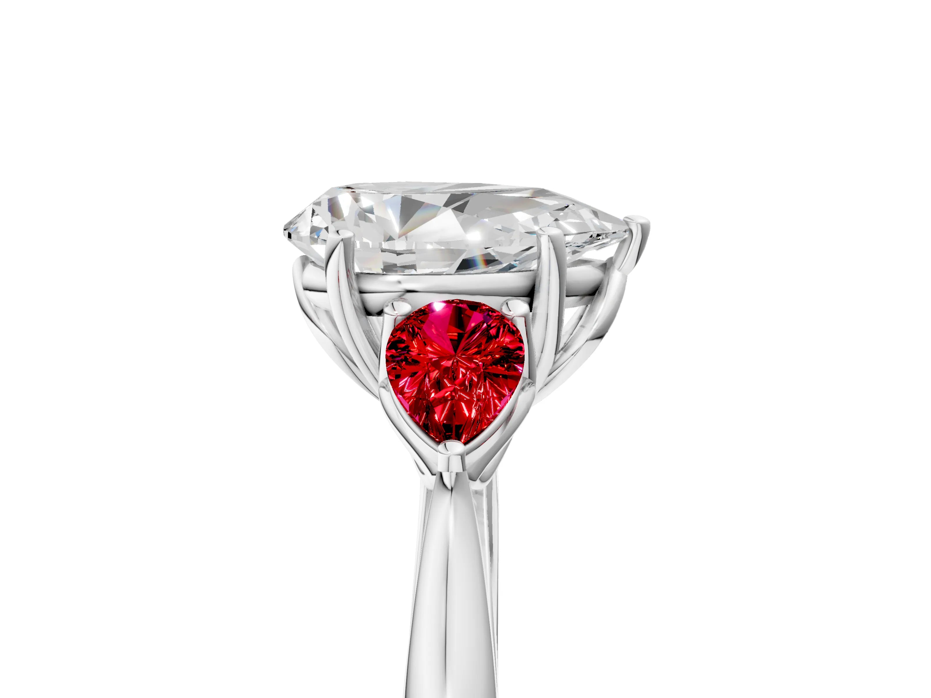 White gold Pear Cut Diamond Three-Stone Ring with Pear with Ruby side stone Side Stones and Prong Setting_53