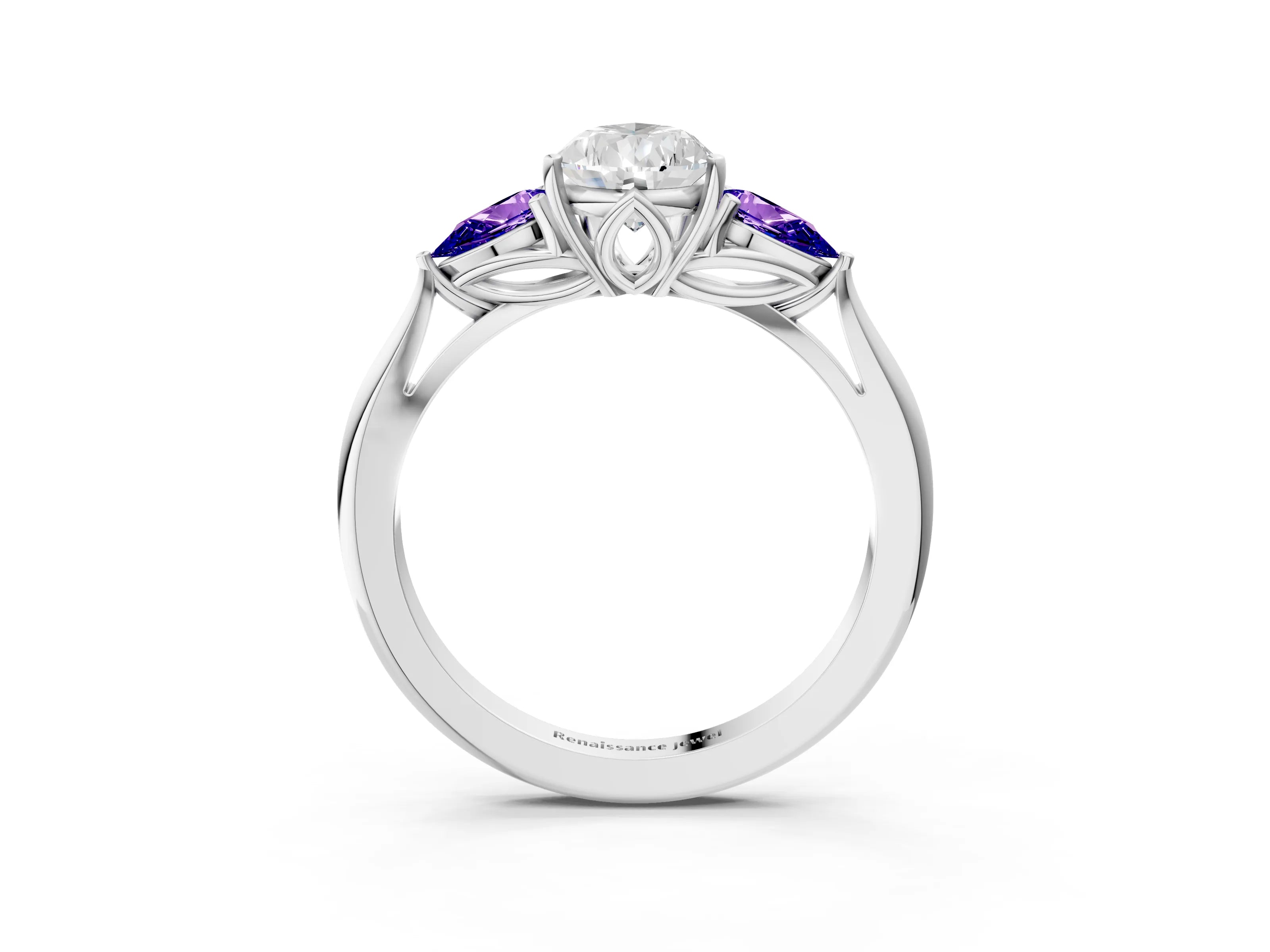 White gold Pear Cut Diamond Three-Stone Ring with Pear with Tanzanite side stone Side Stones and Prong Setting_15