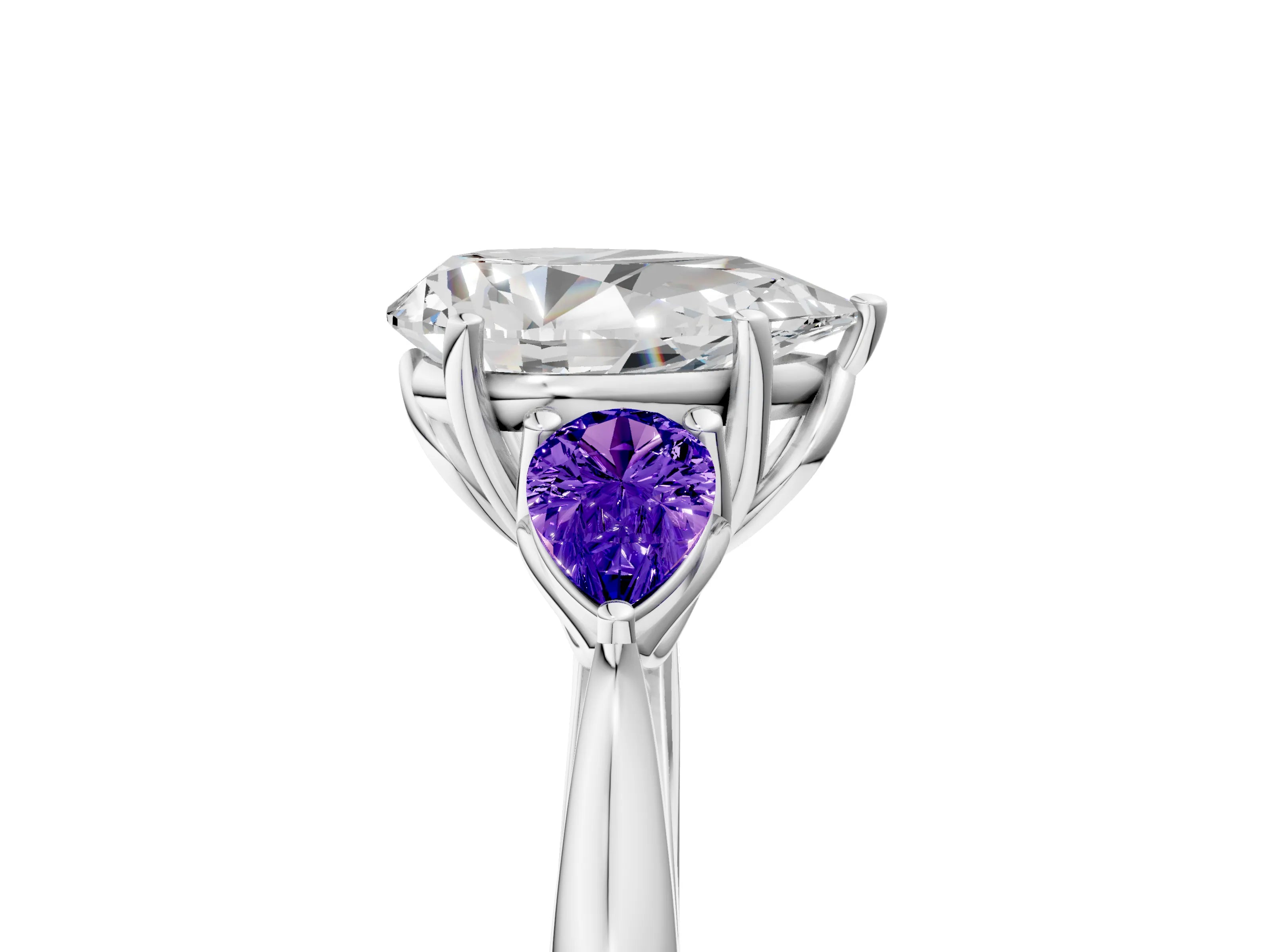 White gold Pear Cut Diamond Three-Stone Ring with Pear with Tanzanite side stone Side Stones and Prong Setting_17