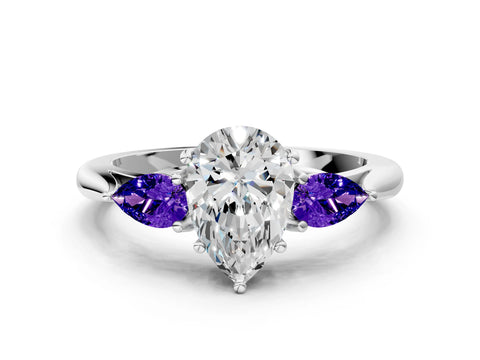 White gold Pear Cut Diamond Three-Stone Ring with Pear with Tanzanite side stone Side Stones and Prong Setting_36