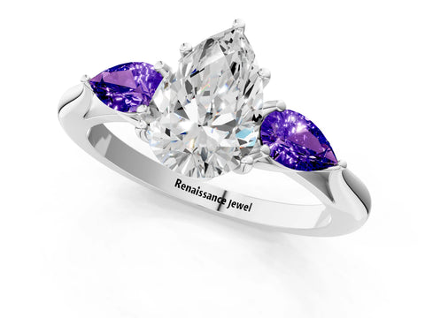 White gold Pear Cut Diamond Three-Stone Ring with Pear with Tanzanite side stone Side Stones and Prong Setting_37