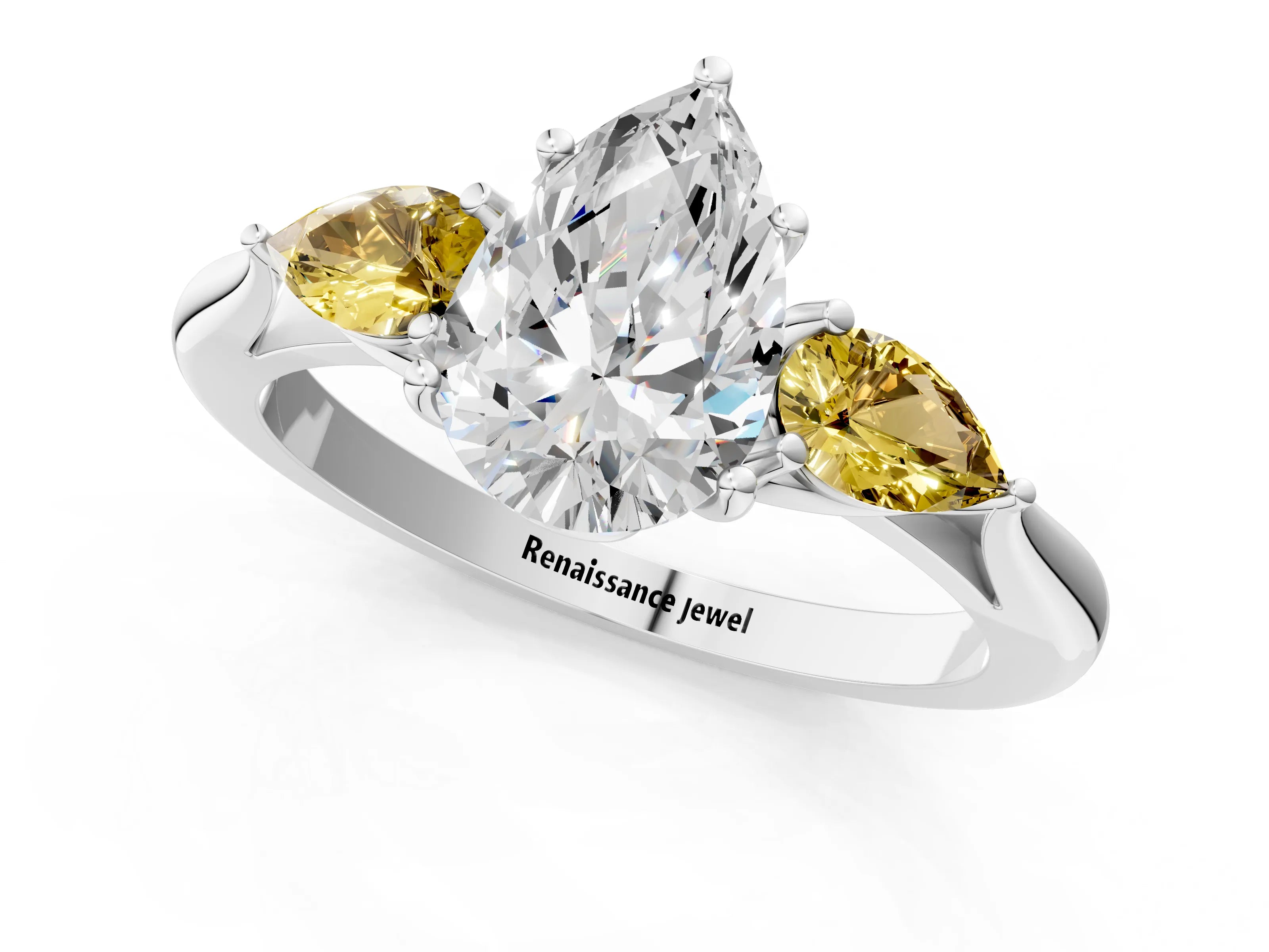 White gold Pear Cut Diamond Three-Stone Ring with Pear with Yellow Sapphire side stone Side Stones and Prong Setting_37