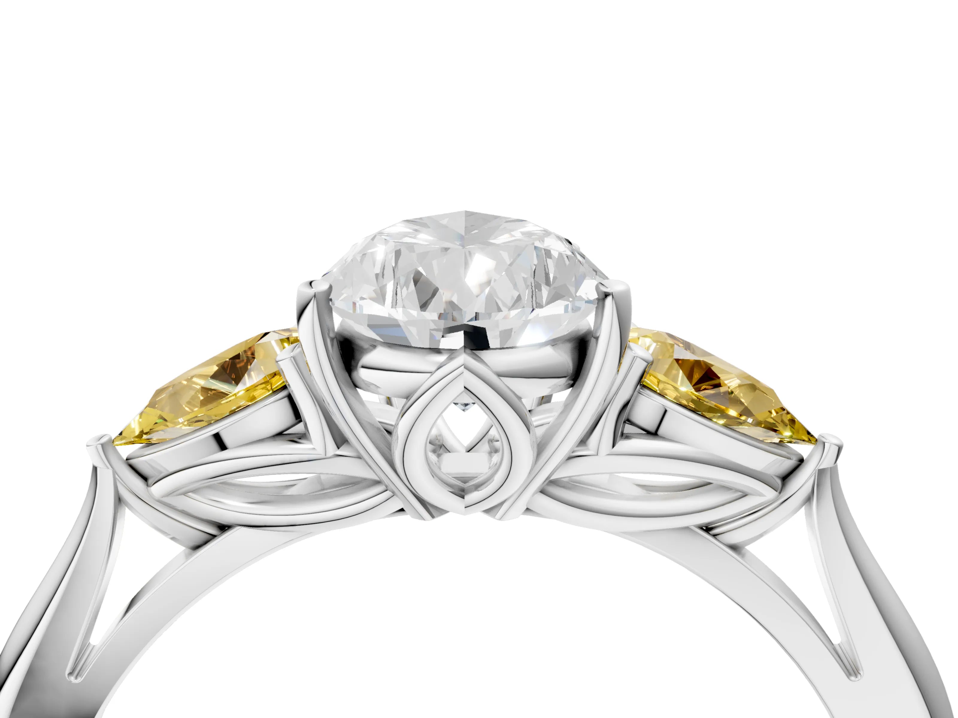 White gold Pear Cut Diamond Three-Stone Ring with Pear with Yellow Sapphire side stone Side Stones and Prong Setting_64
