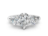 White gold Pear Cut Diamond Three-Stone Ring with Prong Setting and Pavé Band_308