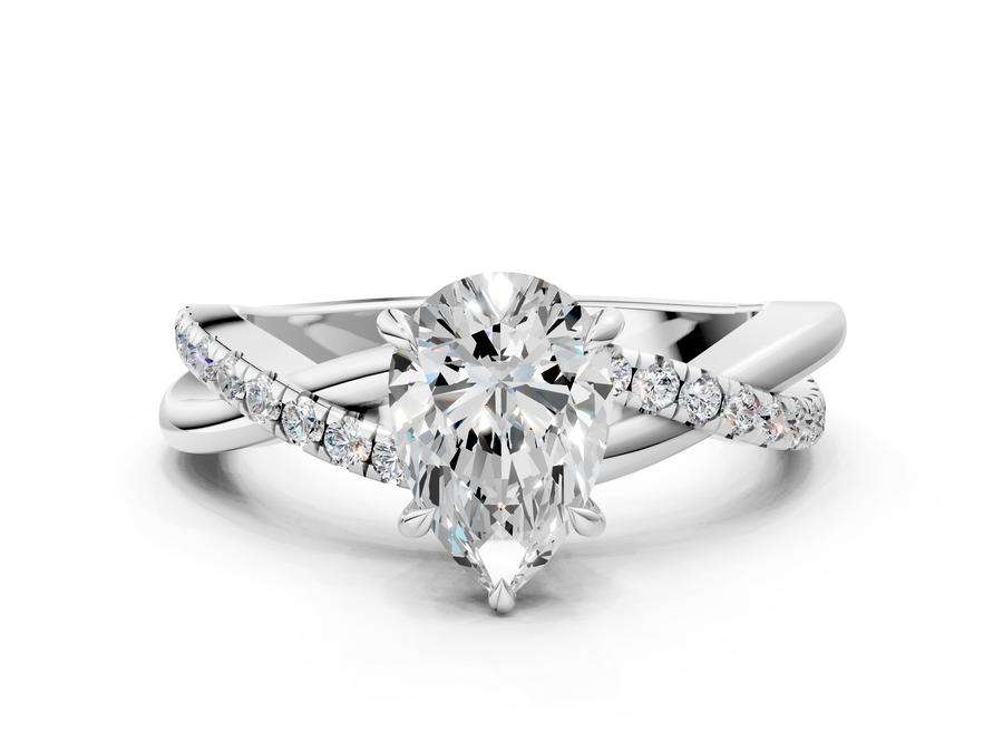 White gold Pear Cut Diamond Twisted Band with Pavé Setting and Four-Prong Setting