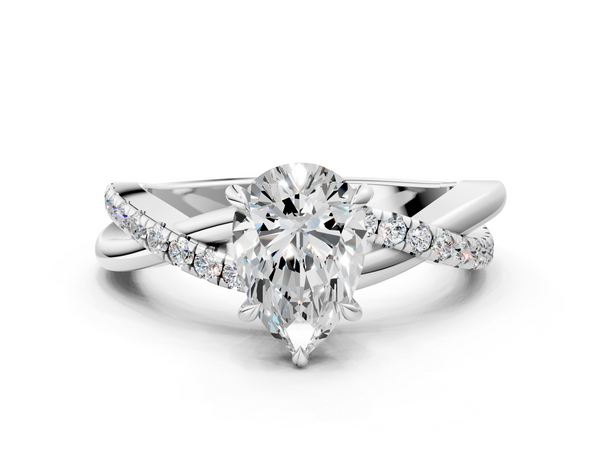 10K White Gold 2.06 Carat F VS1 Pear Cut Diamond Twisted Band with Pavé Setting and Four-Prong Setting
