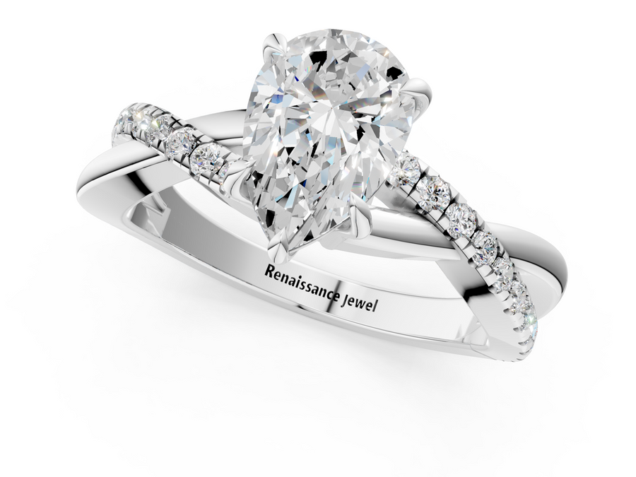 White gold Pear Cut Diamond Twisted Band with Pavé Setting and Four-Prong Setting
