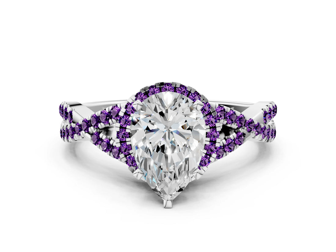 White gold Pear Cut Diamond with Amethyst side stone Halo Twist Band Solitaire Prong Setting Ring_12