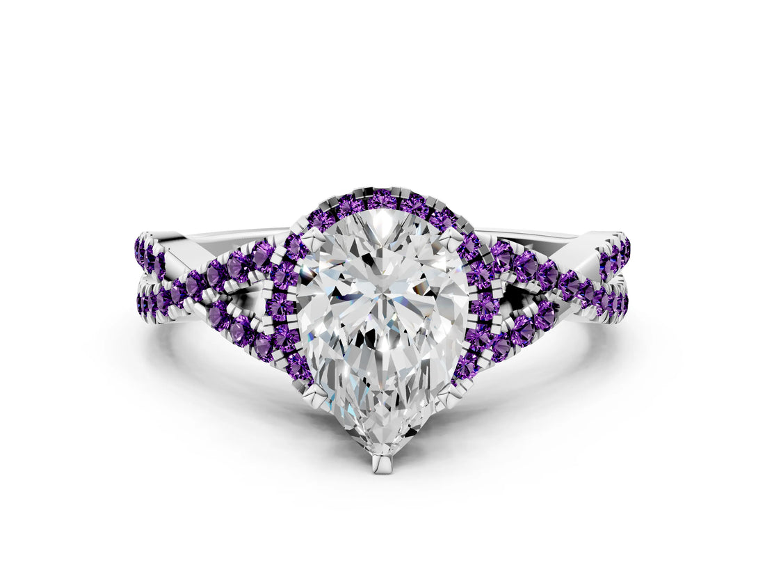 White gold Pear Cut Diamond with Amethyst side stone Halo Twist Band Solitaire Prong Setting Ring_25