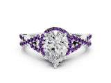 White gold Pear Cut Diamond with Amethyst side stone Halo Twist Band Solitaire Prong Setting Ring_25
