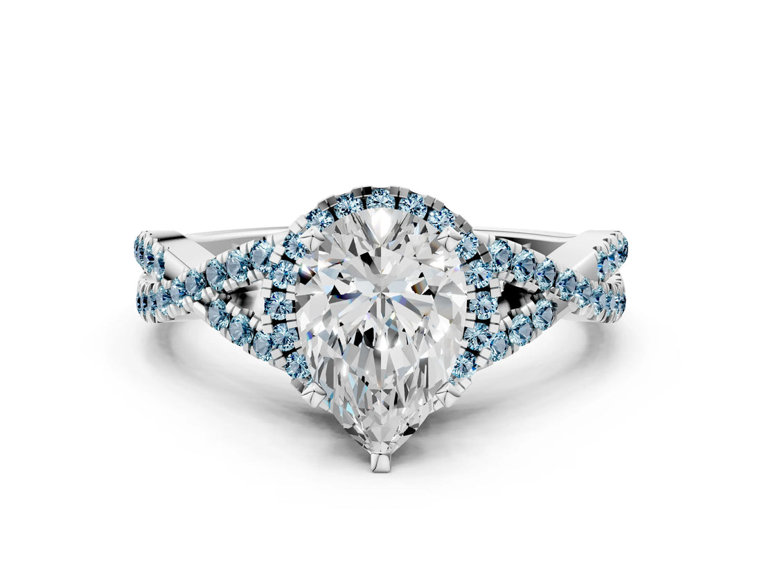 White gold Pear Cut Diamond with Aquamarine side stone Halo Twist Band Solitaire Prong Setting Ring_12