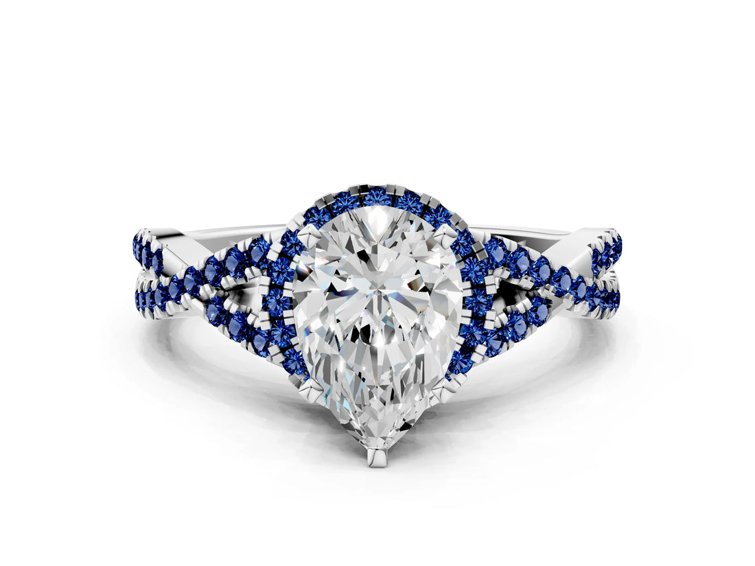 White gold Pear Cut Diamond with Blue Sapphire side stone Halo Twist Band Solitaire Prong Setting Ring_12