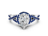 White gold Pear Cut Diamond with Blue Sapphire side stone Halo Twist Band Solitaire Prong Setting Ring_12