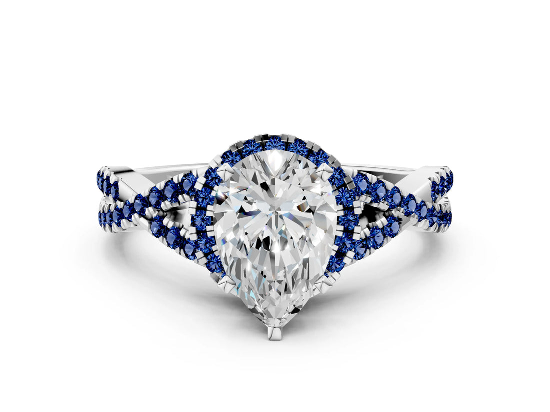 White gold Pear Cut Diamond with Blue Sapphire side stone Halo Twist Band Solitaire Prong Setting Ring_12
