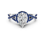 White gold Pear Cut Diamond with Blue Sapphire side stone Halo Twist Band Solitaire Prong Setting Ring_12