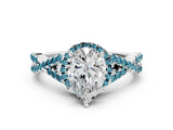 White gold Pear Cut Diamond with Blue Topaz side stone Halo Twist Band Solitaire Prong Setting Ring_12