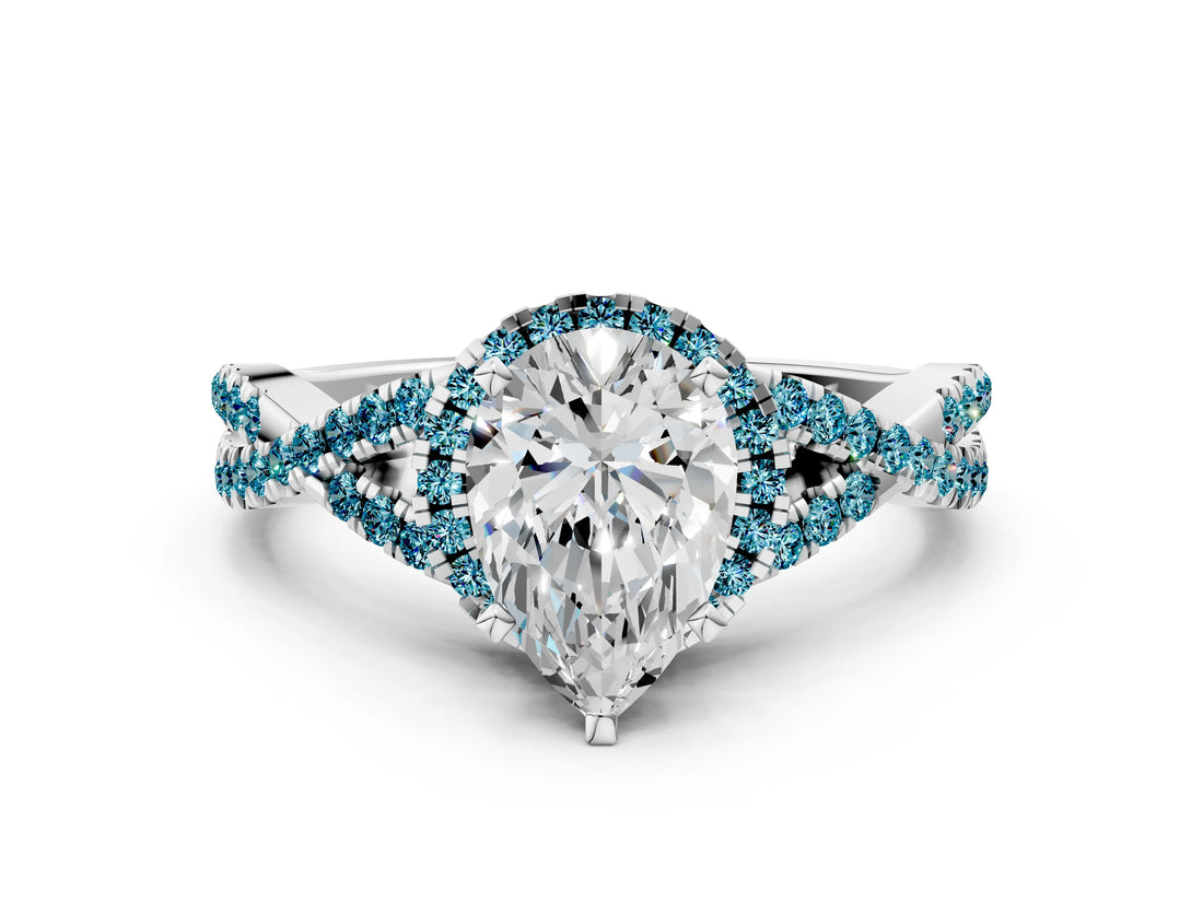 White gold Pear Cut Diamond with Blue Topaz side stone Halo Twist Band Solitaire Prong Setting Ring_24