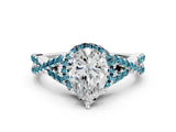 White gold Pear Cut Diamond with Blue Topaz side stone Halo Twist Band Solitaire Prong Setting Ring_24