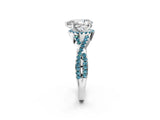 White gold Pear Cut Diamond with Blue Topaz side stone Halo Twist Band Solitaire Prong Setting Ring_26