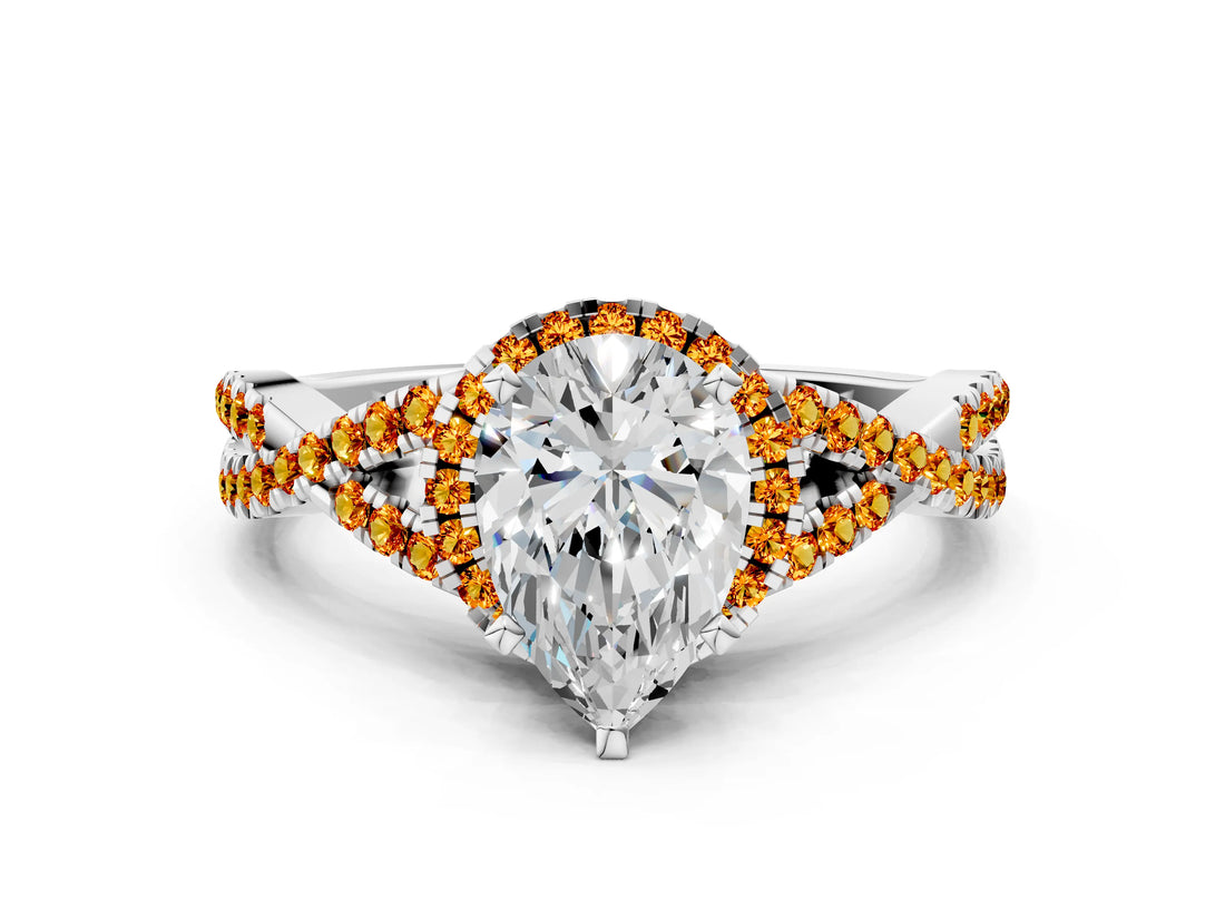 White gold Pear Cut Diamond with Citrine side stone Halo Twist Band Solitaire Prong Setting Ring_12