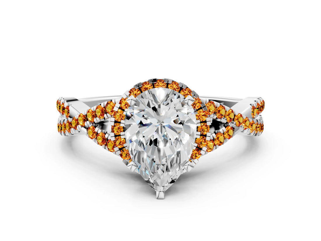 White gold Pear Cut Diamond with Citrine side stone Halo Twist Band Solitaire Prong Setting Ring_24