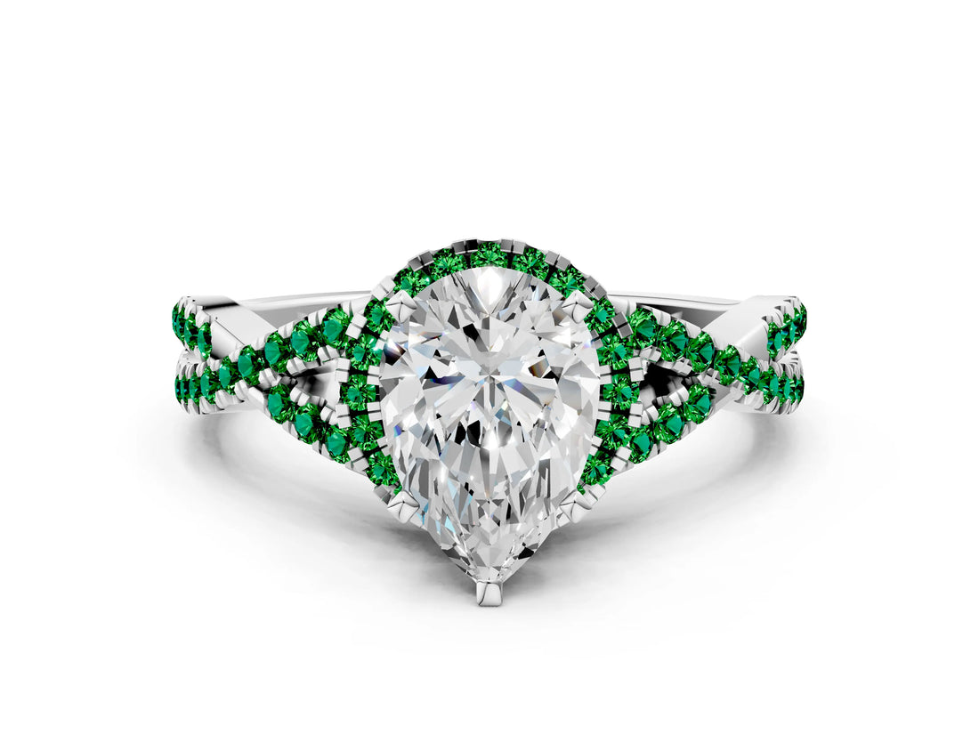 White gold Pear Cut Diamond with Emerald side stone Halo Twist Band Solitaire Prong Setting Ring_12