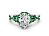 White gold Pear Cut Diamond with Emerald side stone Halo Twist Band Solitaire Prong Setting Ring_12